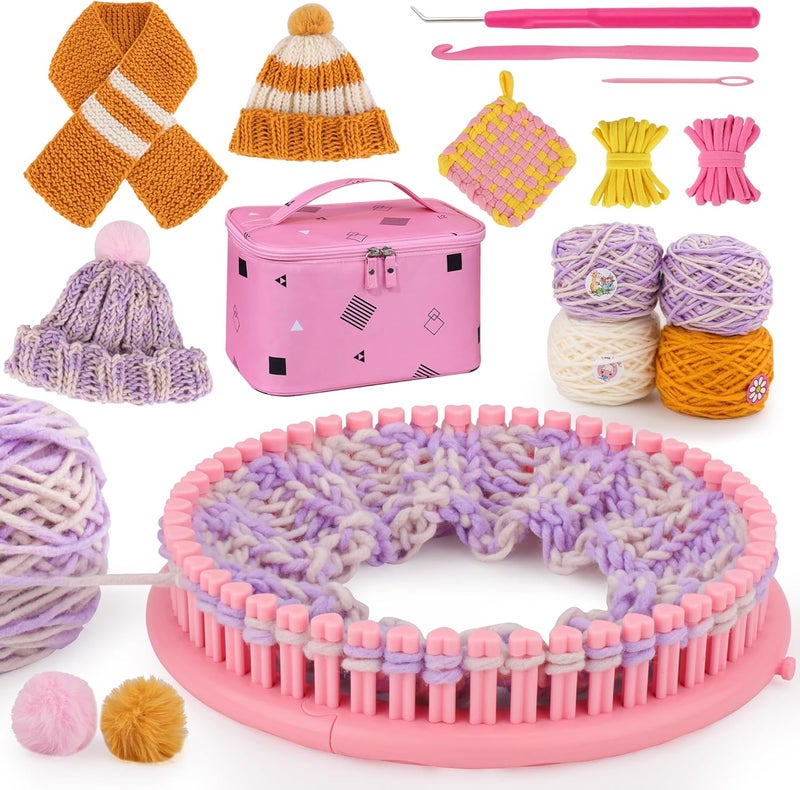 AHCo. . Knitting Loom Kit for Beginners, Creative Craft Toy for Girls Ages 7 8 9 10 11 12 with Storage Bags Yarns Knitting Tools, Fantastic DIY Gifts Knit Hat Scarf Coaster (Pink) - Image 1